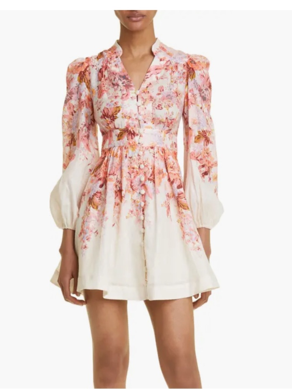 Zimmermann Pink and White Floral Puff-Sleeve Devi plunge Mini Dress